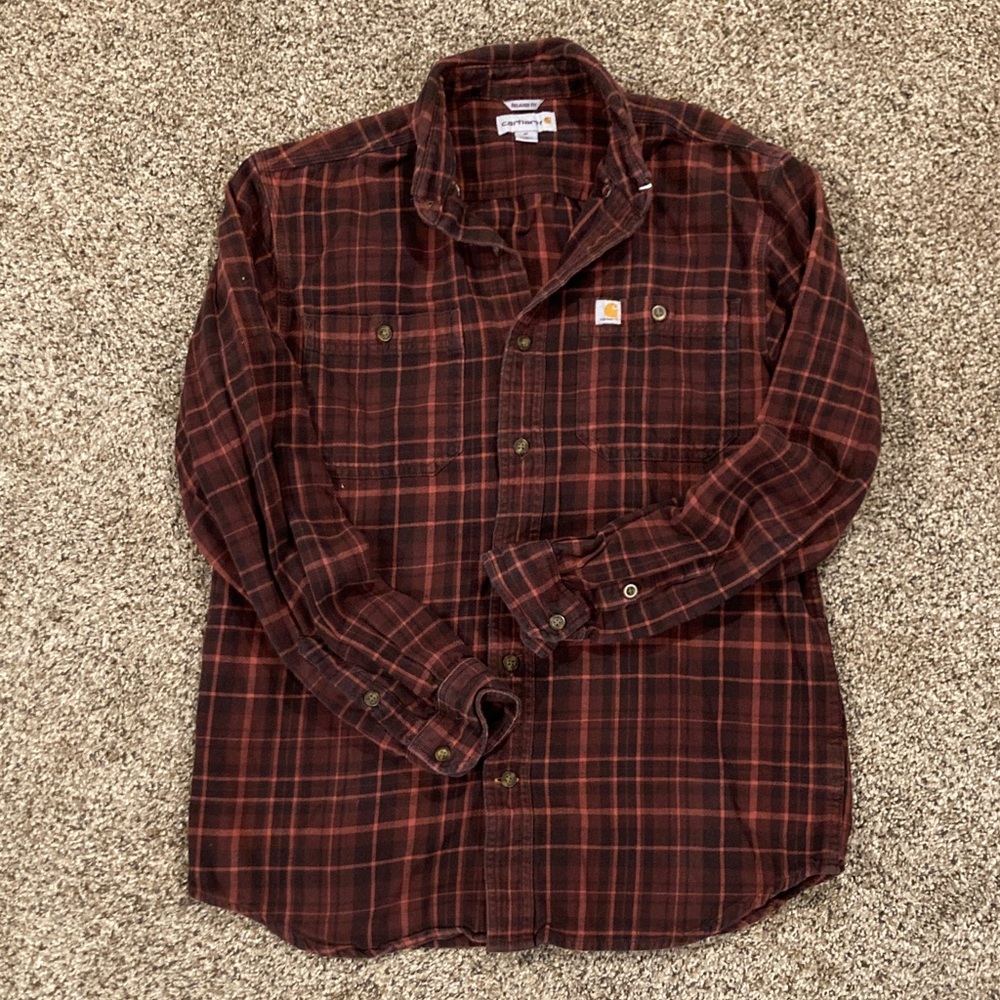 Carhartt Men's Dark Red Plaid Button-Down Shirt